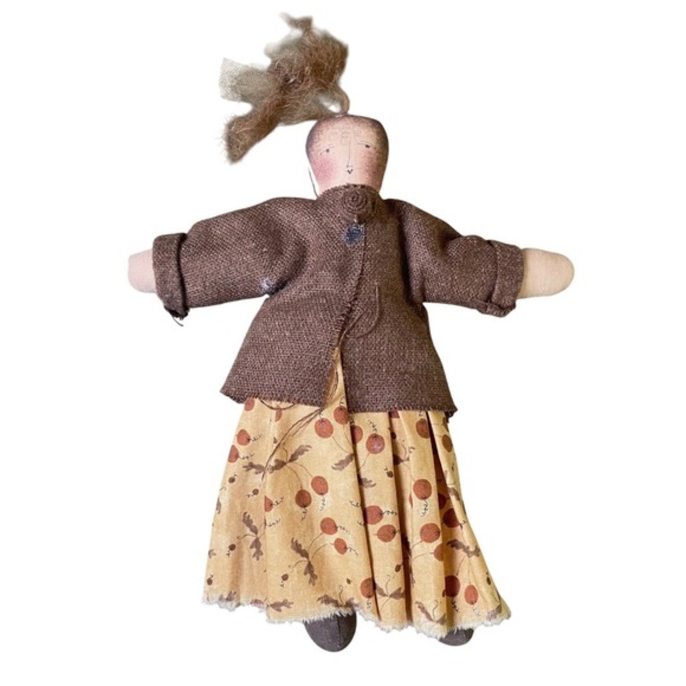 Vintage 1900s Handmade Primitive Folk Art Rag Doll Brown Dress Country Decor‎